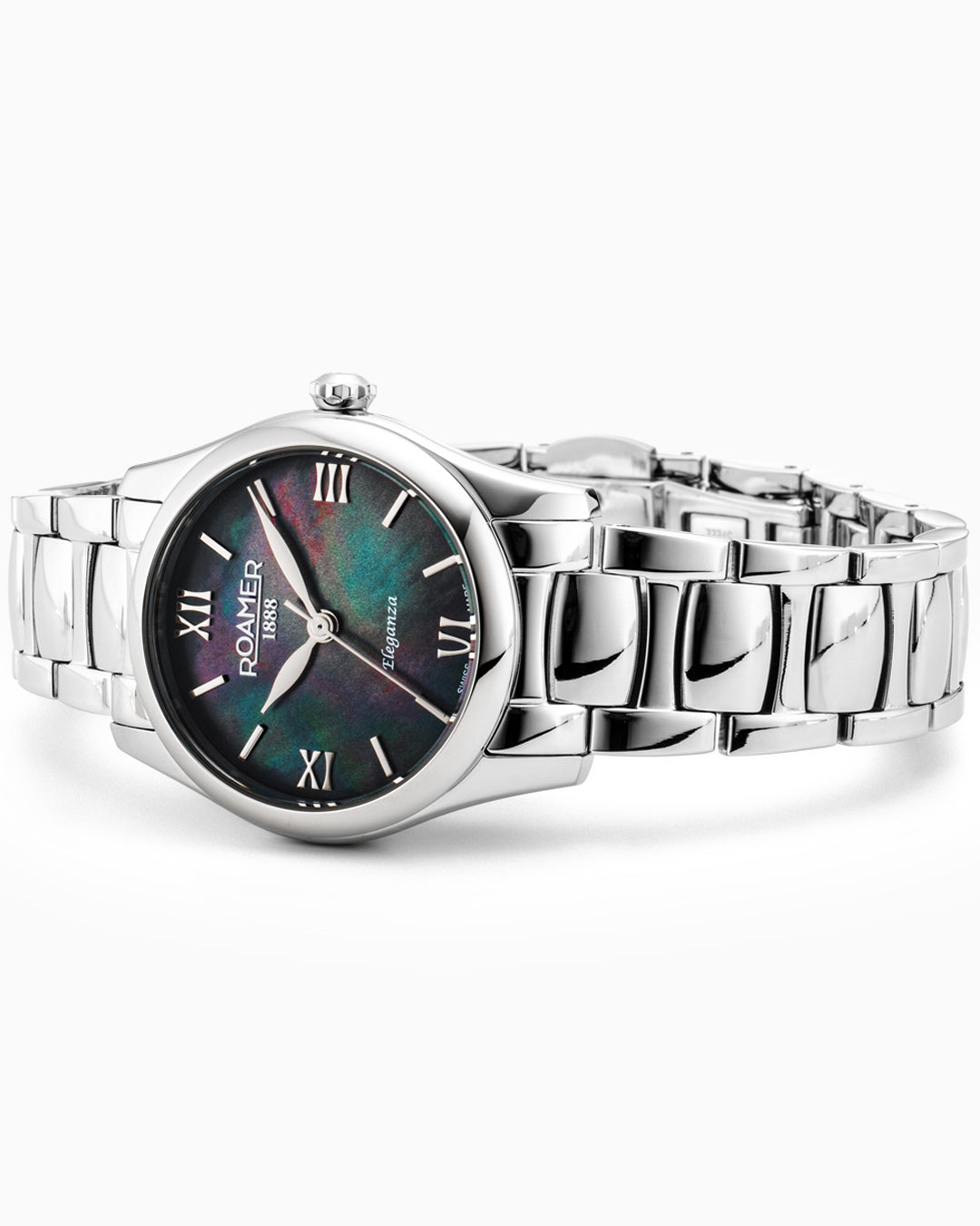 Eleganza 30mm Quartz Three-Hand Date Black Mop Dial Silver Bracelet Sapphire glass Stainless Steel swiss watch
