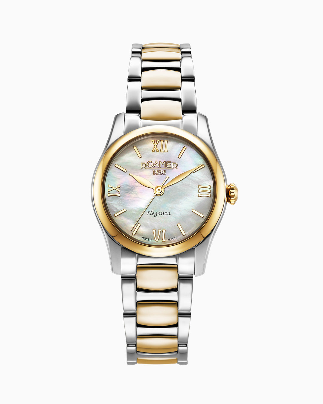 Eleganza 30mm Quartz Three-Hand Date White MOP Two-Tone Bracelet Sapphire glass Stainless Steel swiss watch