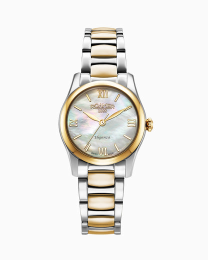 Eleganza 30mm Quartz Three-Hand Date White MOP Two-Tone Bracelet Sapphire glass Stainless Steel swiss watch