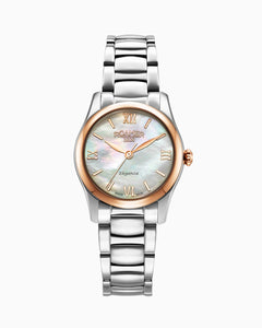 Eleganza 30mm Quartz Three-Hand Date White Mop Dial Silver Bracelet Sapphire glass Stainless Steel swiss watch
