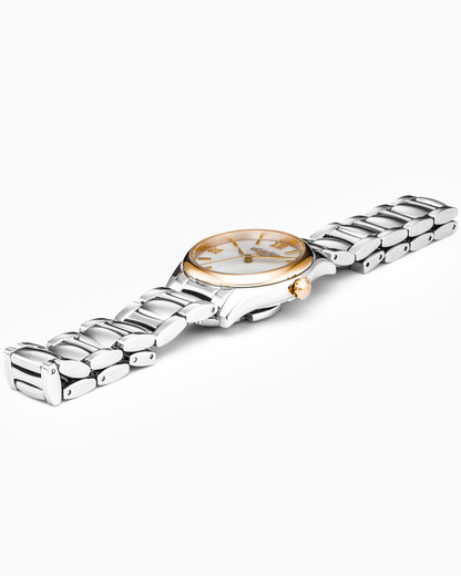Eleganza 30mm Quartz Three-Hand Date White Mop Dial Silver Bracelet Sapphire glass Stainless Steel swiss watch