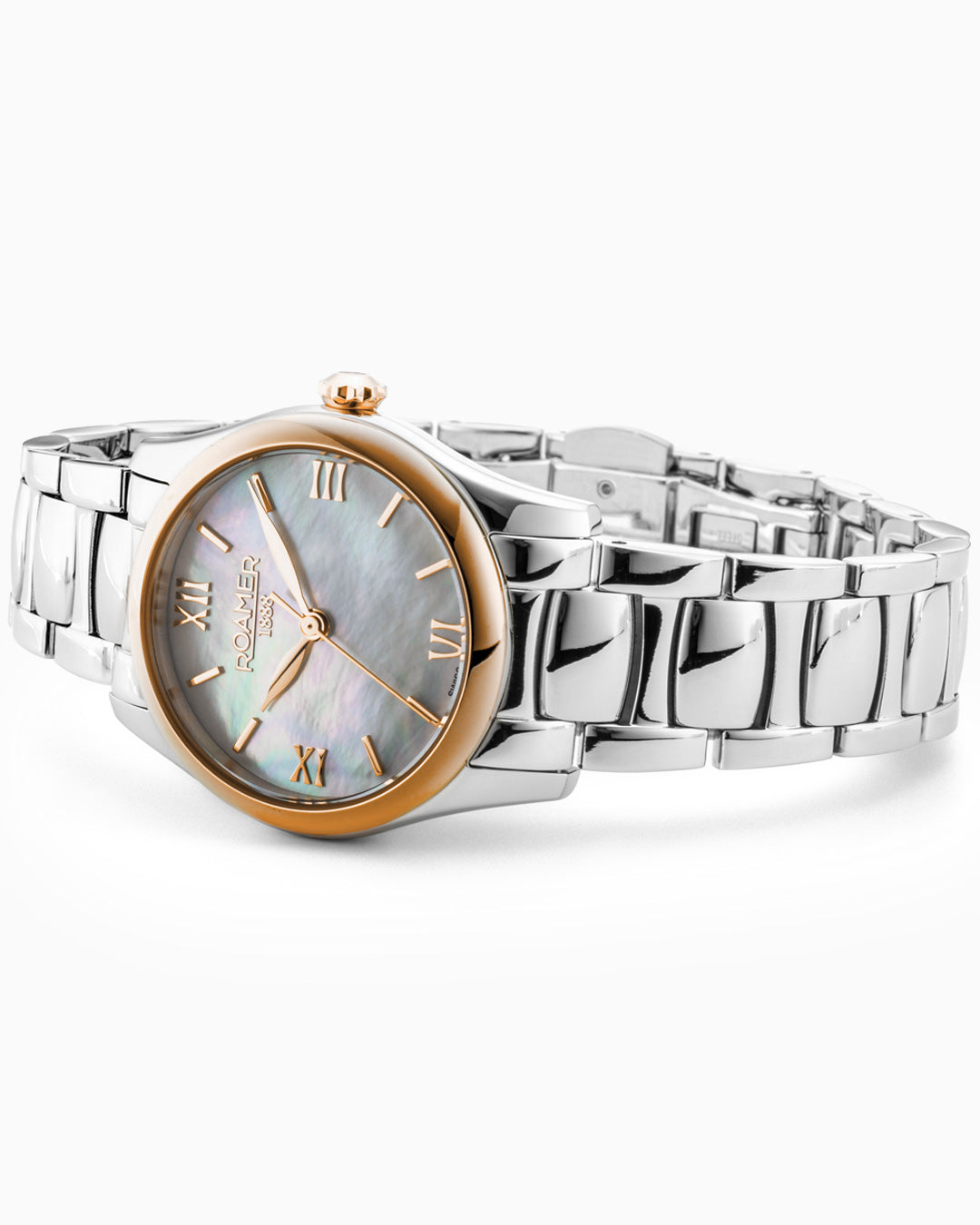 Eleganza 30mm Quartz Three-Hand Date White Mop Dial Silver Bracelet Sapphire glass Stainless Steel swiss watch