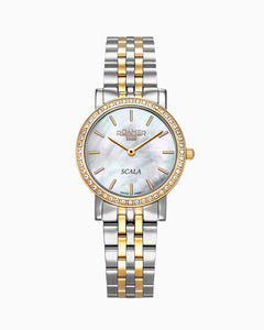 Scala 28 mm Quartz Two-Hand White Mop Dial Silver-Gold Tone Bracelet Sapphire glass Stainless Steel swiss watch