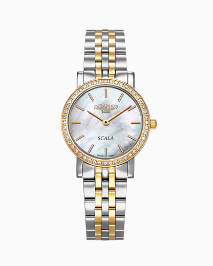 Scala 28 mm Quartz Two-Hand White Mop Dial Silver-Gold Tone Bracelet Sapphire glass Stainless Steel swiss watch