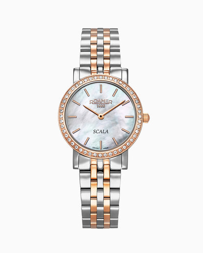 Scala 28 mm Quartz Two-Hand White Mop Dial Rose Gold-Silver Tone Bracelet Sapphire glass Stainless Steel swiss watch