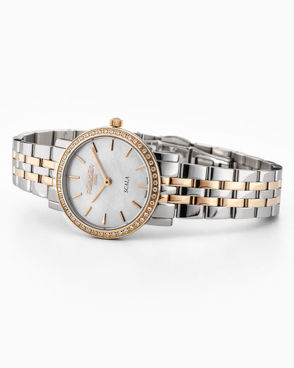 Scala 28 mm Quartz Two-Hand White Mop Dial Rose Gold-Silver Tone Bracelet Sapphire glass Stainless Steel swiss watch