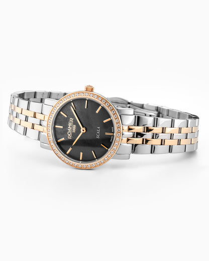Scala 28 mm Quartz Two-Hand Black MOP Dial Two-Tone Bracelet Sapphire glass Stainless Steel swiss watch