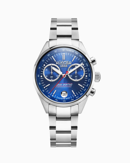 Gran Sportivo 41.5mm Quartz Chronograph Date Blue Sunray Dial Silver Bracelet Blue Leather Strap Set Sapphire antireflection glass  Stainless Steel swiss watch