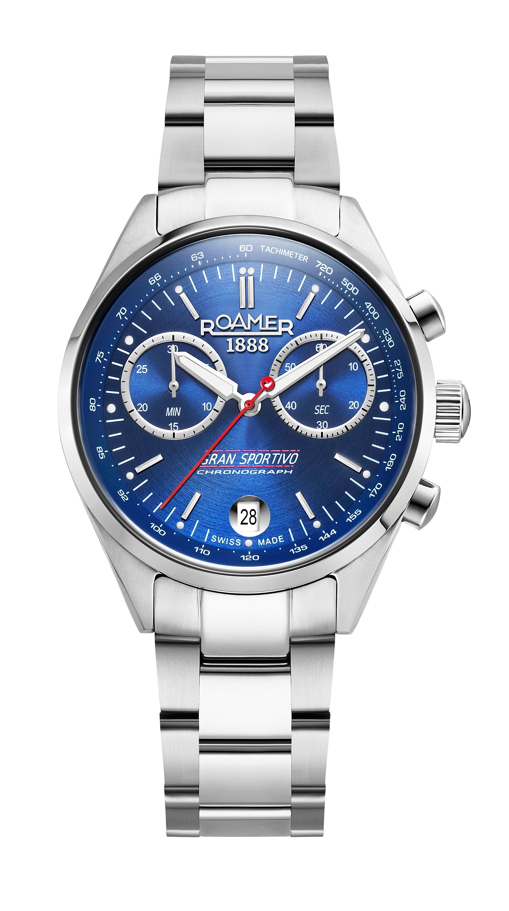 Gran Sportivo 41.5mm Quartz Chronograph Date Blue Sunray Dial Silver Bracelet Sapphire antireflection glass  Stainless Steel swiss watch