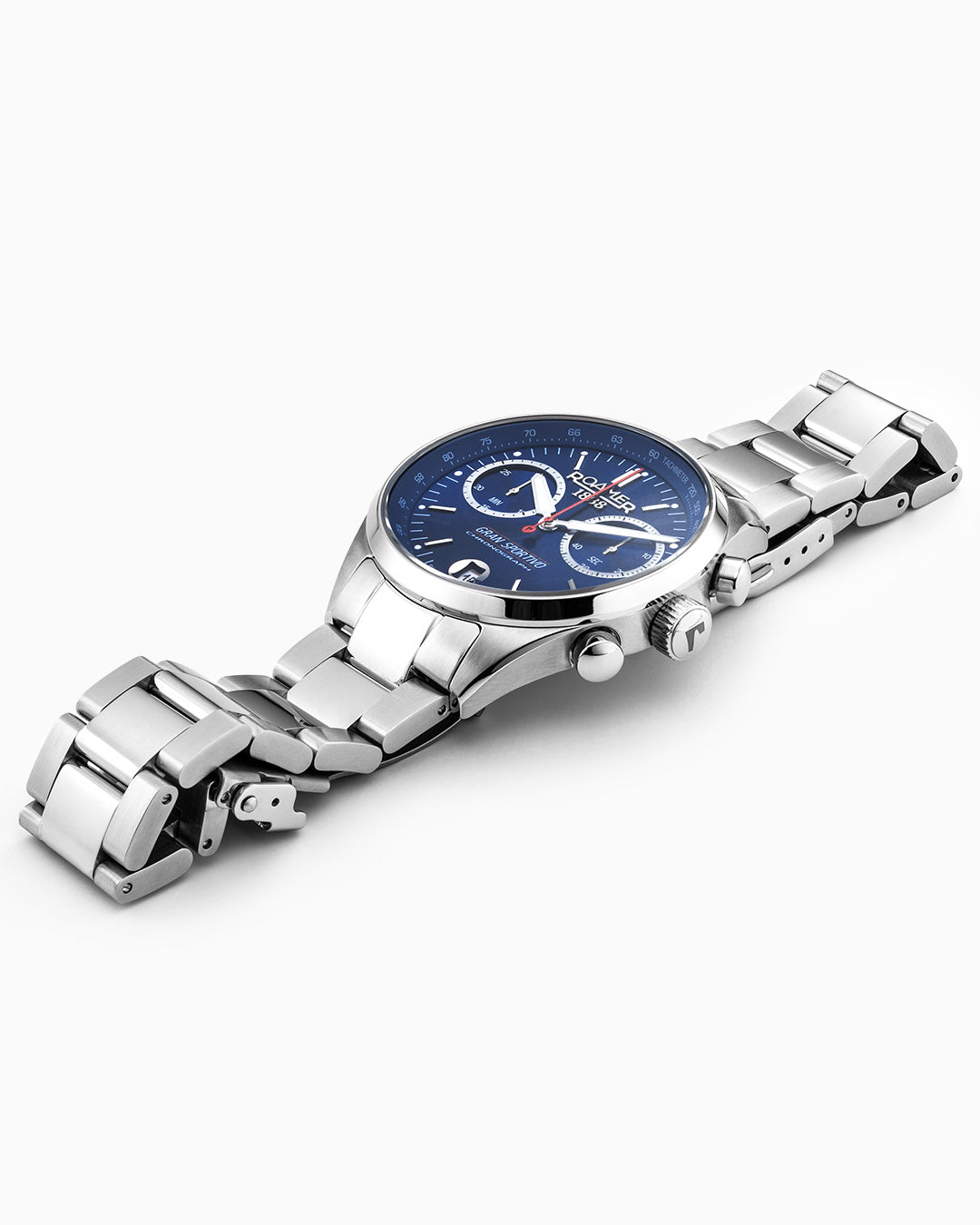 Gran Sportivo 41.5mm Quartz Chronograph Date Blue Sunray Dial Silver Bracelet Blue Leather Strap Set Sapphire antireflection glass  Stainless Steel swiss watch