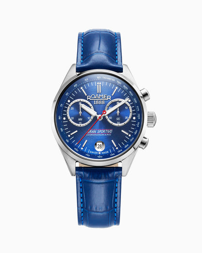 Gran Sportivo 41.5mm Quartz Chronograph Date Blue Sunray Dial Silver Bracelet Blue Leather Strap Set Sapphire antireflection glass  Stainless Steel swiss watch