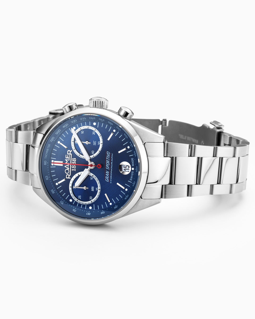 Gran Sportivo 41.5mm Quartz Chronograph Date Blue Sunray Dial Silver Bracelet Blue Leather Strap Set Sapphire antireflection glass  Stainless Steel swiss watch