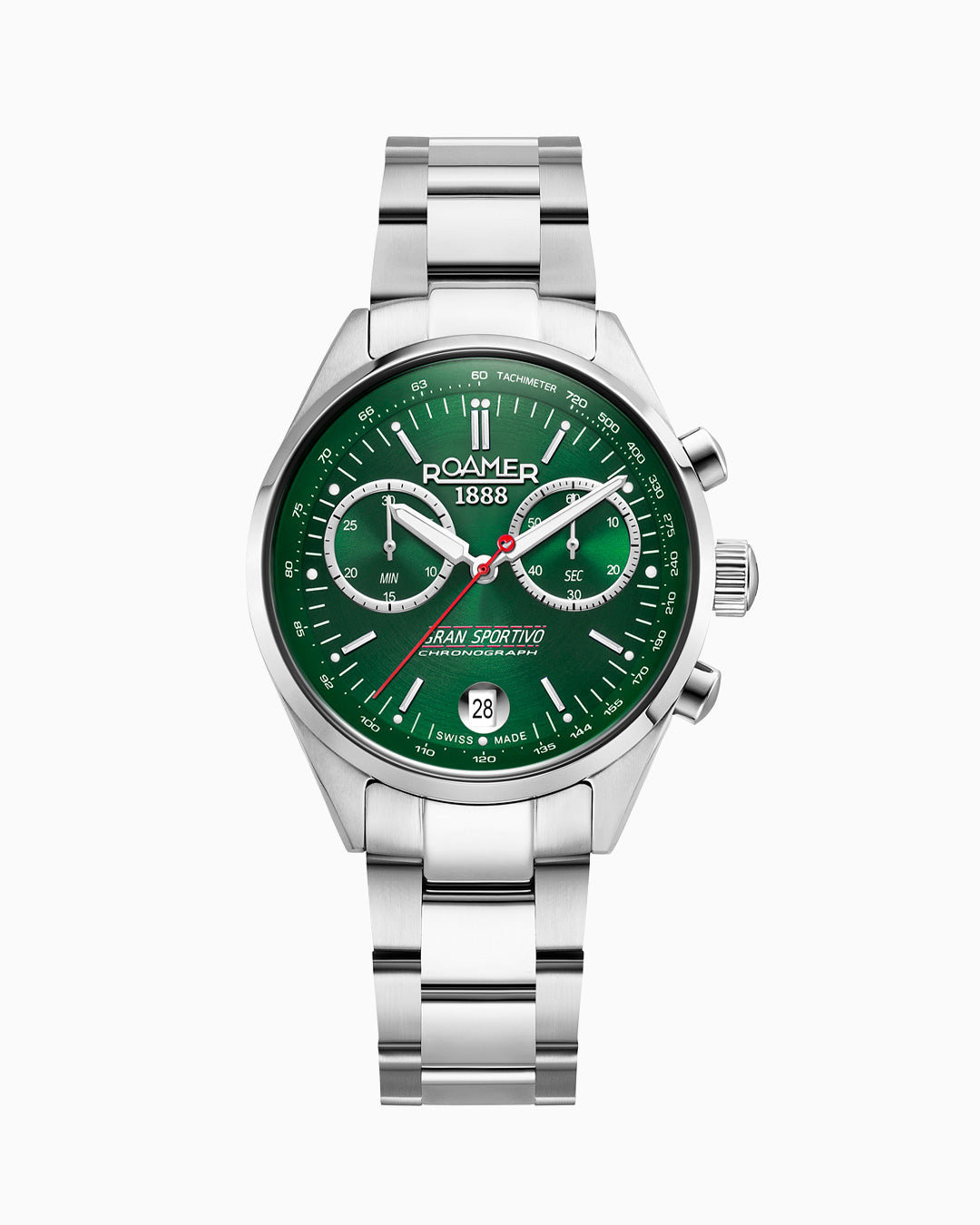 Gran Sportivo 41.5mm Quartz Chronograph Date Green Sunray Dial Silver Bracelet Green Leather Strap Set Sapphire antireflection glass  Stainless Steel swiss watch
