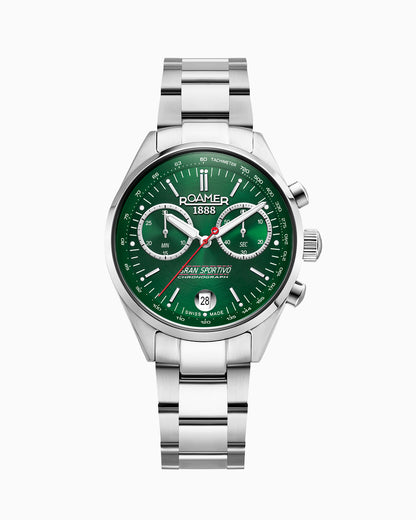 Gran Sportivo 41.5mm Quartz Chronograph Date Green Sunray Dial Silver Bracelet Green Leather Strap Set Sapphire antireflection glass  Stainless Steel swiss watch