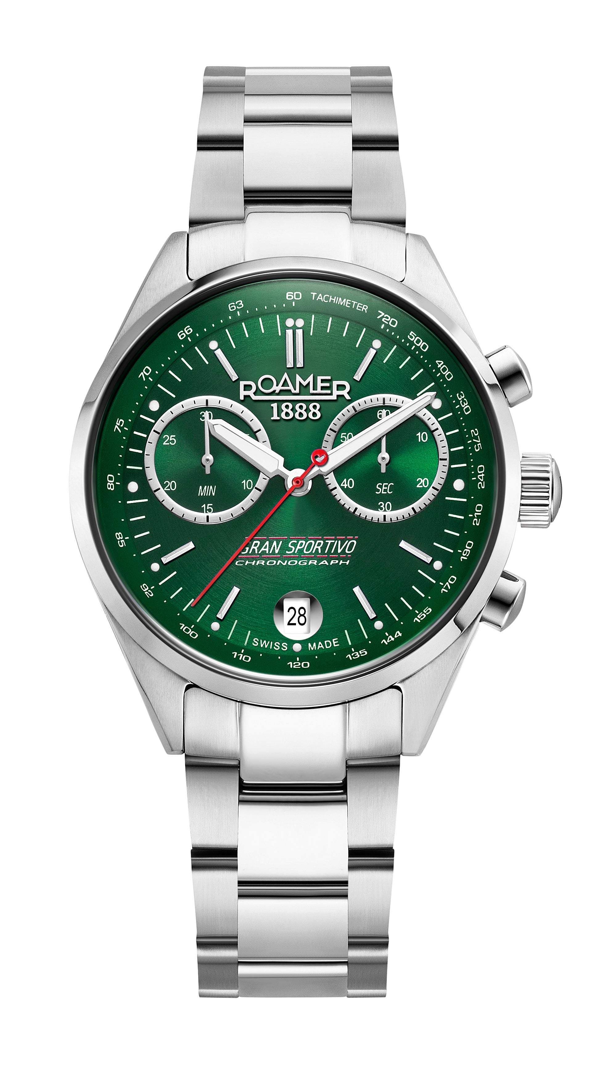 Gran Sportivo 41.5mm Quartz Chronograph Date Green Sunray Dial Silver Bracelet Sapphire antireflection glass  Stainless Steel swiss watch