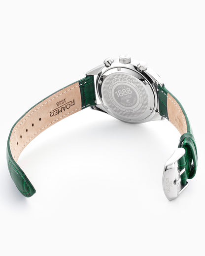 Gran Sportivo 41.5mm Quartz Chronograph Date Green Sunray Dial Silver Bracelet Green Leather Strap Set Sapphire antireflection glass  Stainless Steel swiss watch