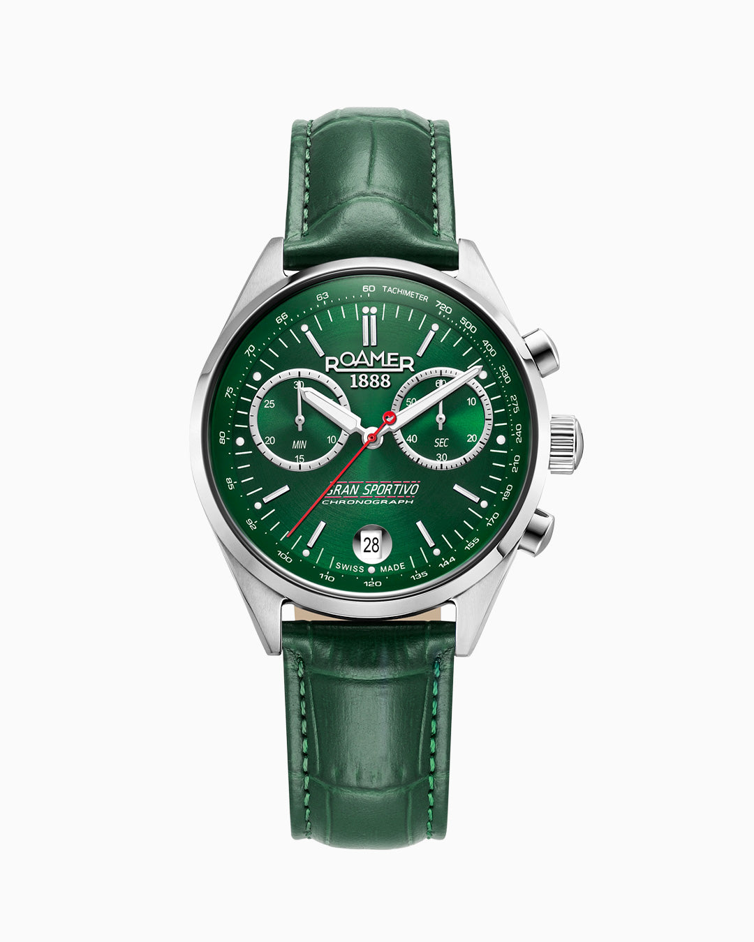Gran Sportivo 41.5mm Quartz Chronograph Date Green Sunray Dial Silver Bracelet Green Leather Strap Set Sapphire antireflection glass  Stainless Steel swiss watch