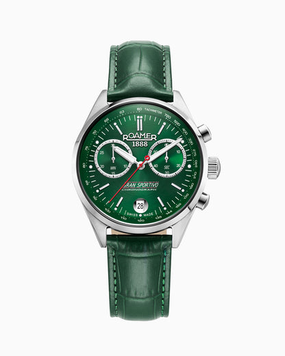 Gran Sportivo 41.5mm Quartz Chronograph Date Green Sunray Dial Silver Bracelet Green Leather Strap Set Sapphire antireflection glass  Stainless Steel swiss watch