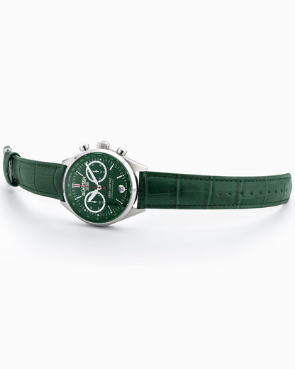 Gran Sportivo 41.5mm Quartz Chronograph Date Green Sunray Dial Silver Bracelet Green Leather Strap Set Sapphire antireflection glass  Stainless Steel swiss watch