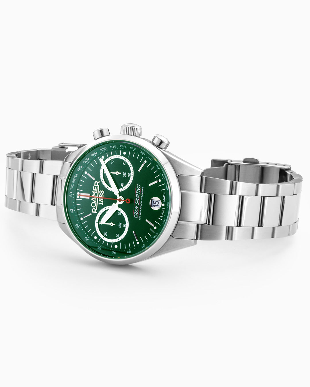 Gran Sportivo 41.5mm Quartz Chronograph Date Green Sunray Dial Silver Bracelet Green Leather Strap Set Sapphire antireflection glass  Stainless Steel swiss watch