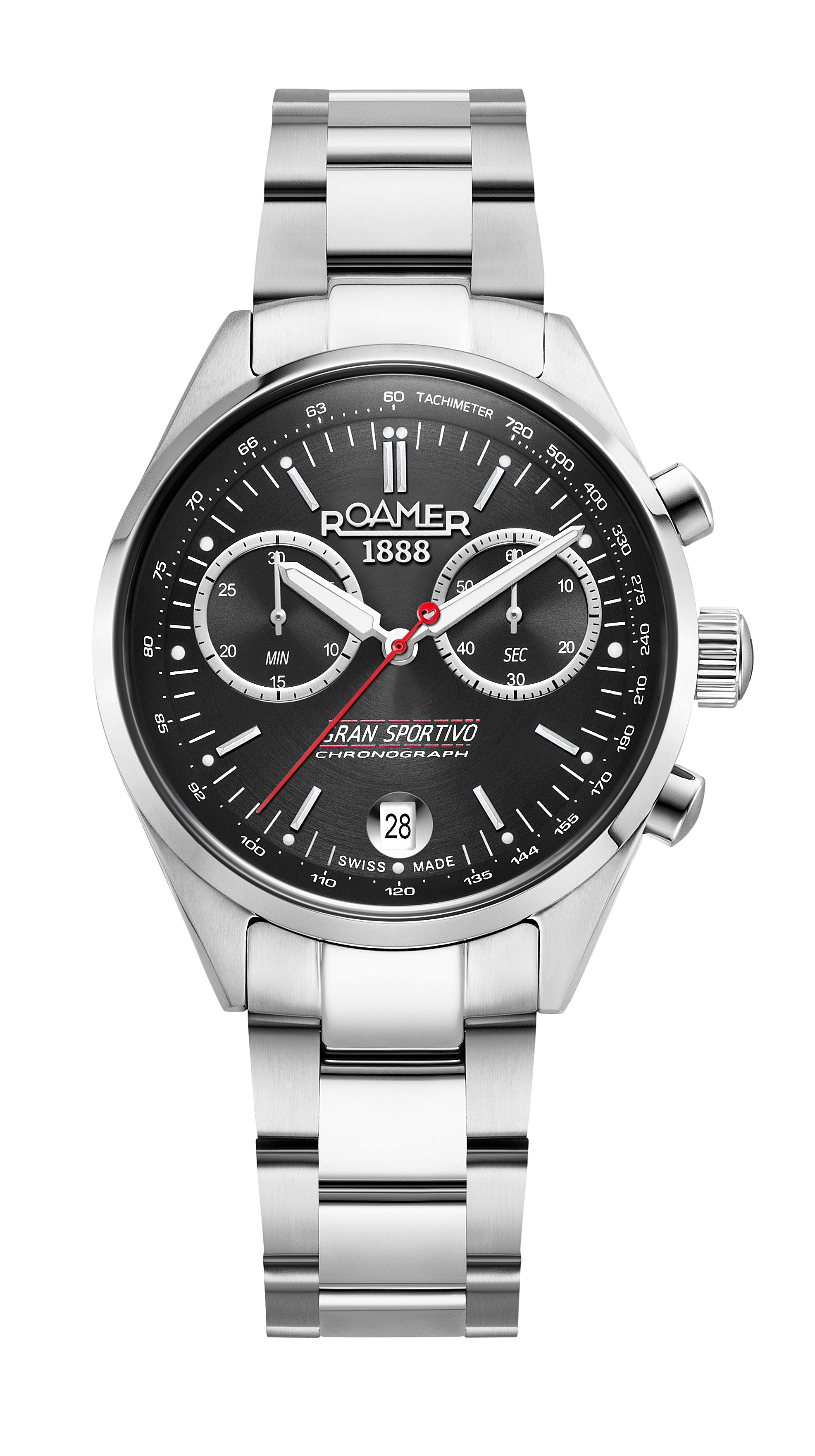 Gran Sportivo 41.5mm Quartz Chronograph Date Black Sunray Dial Silver Bracelet Sapphire antireflection glass  Stainless Steel swiss watch