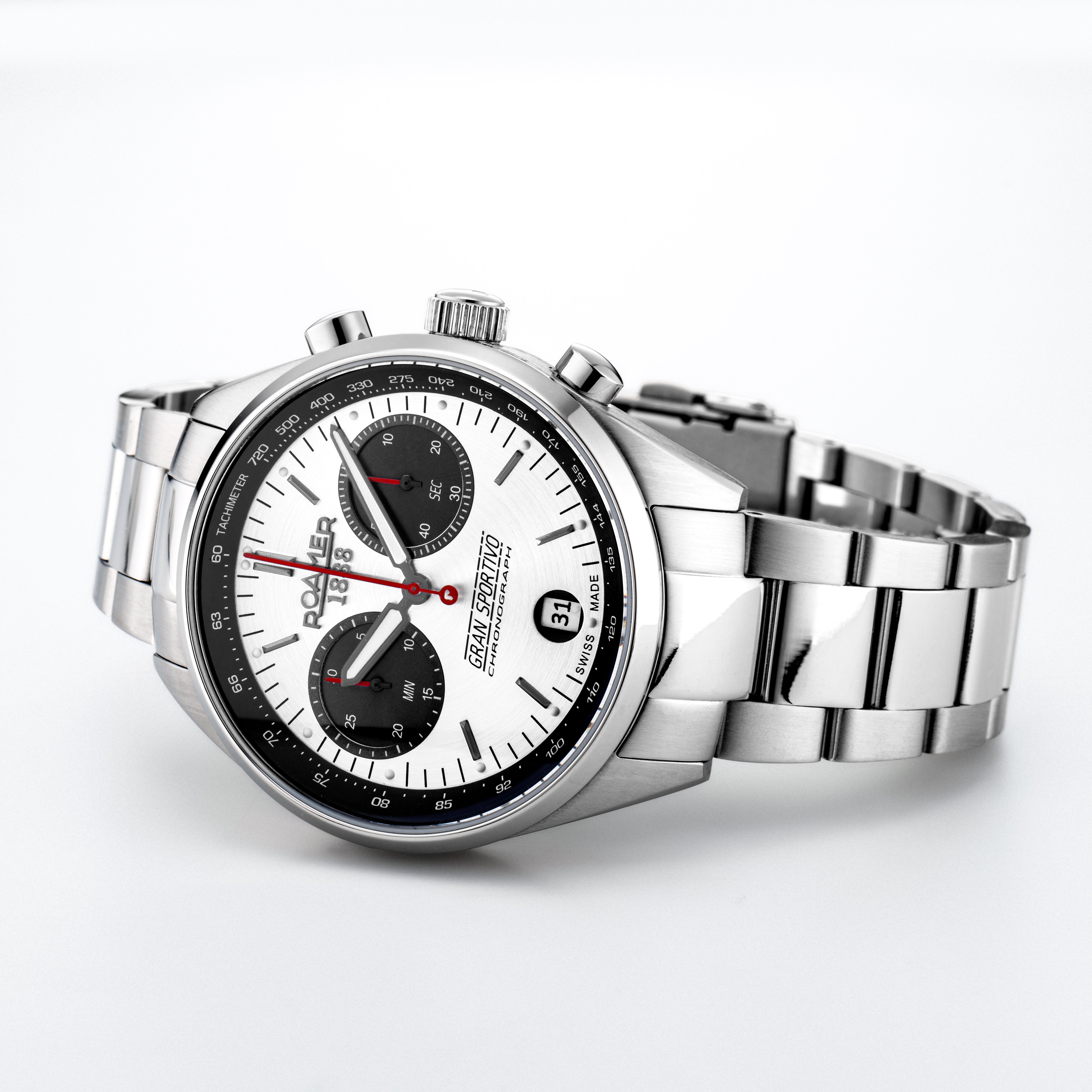 Gran Sportivo 41.5mm Quartz Chronograph Date Light Grey Sunray Dial Silver Bracelet Sapphire antireflection glass  Stainless Steel swiss watch