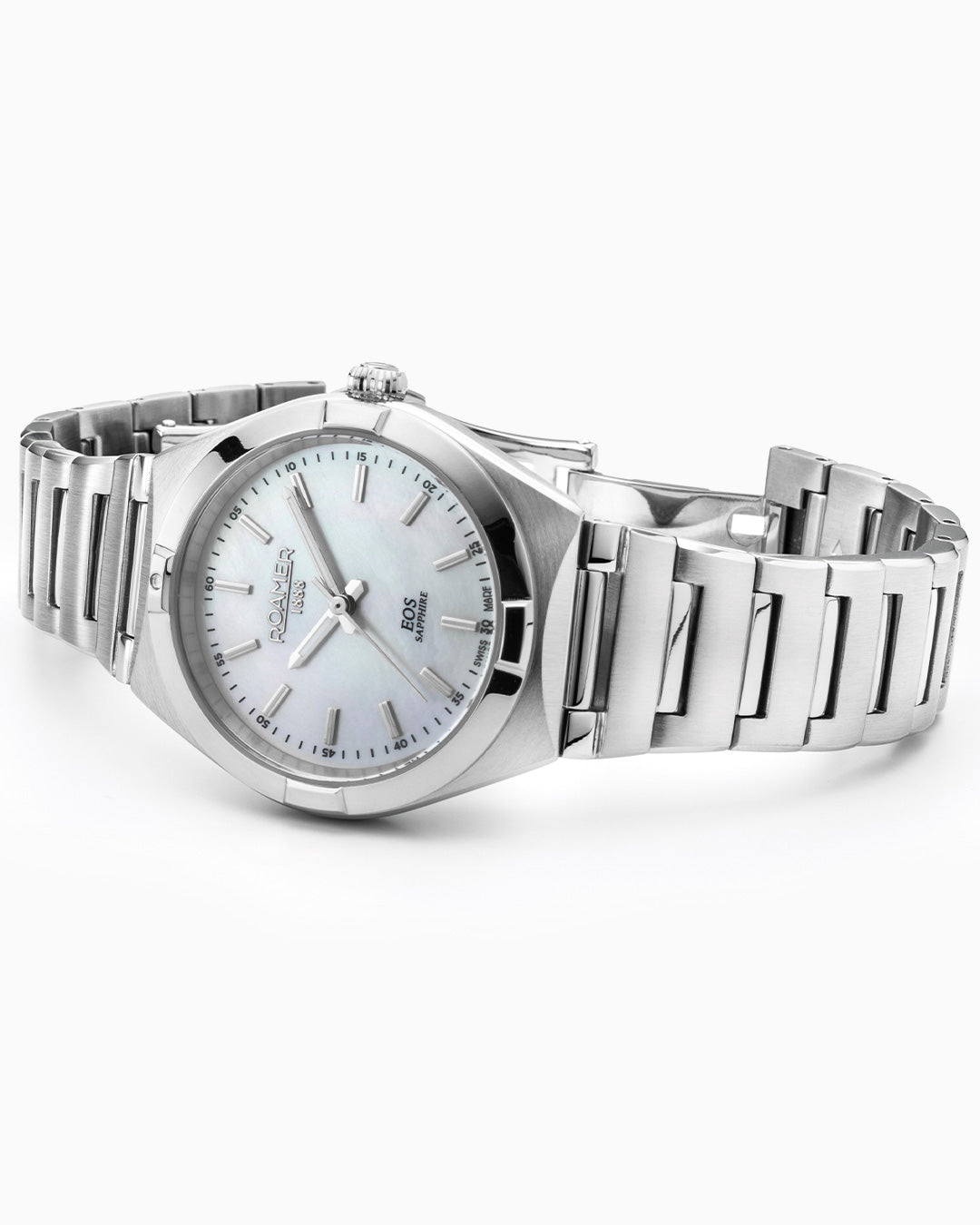 EOS Classic 34mm Quartz Three-Hand White Dial Silver Bracelet Sapphire glass Stainless Steel swiss watch