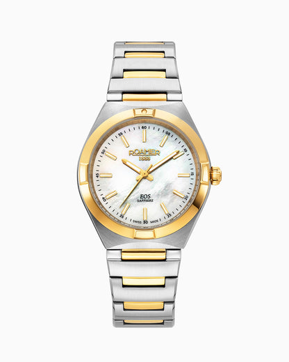 EOS Classic 34mm Quartz Three-Hand White MOP Dial Two-Tone Bracelet Sapphire glass Stainless Steel swiss watch