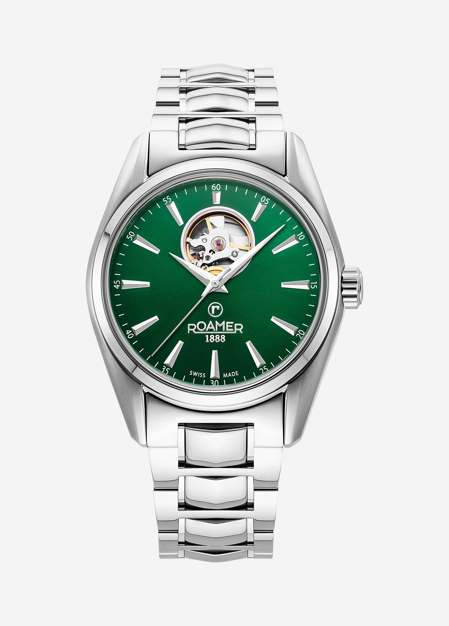 Searock Master 42 mm Automatic Three-Hand Date Green Sunray Dial Silver Bracelet Sapphire antireflection glass  Stainless Steel swiss watch
