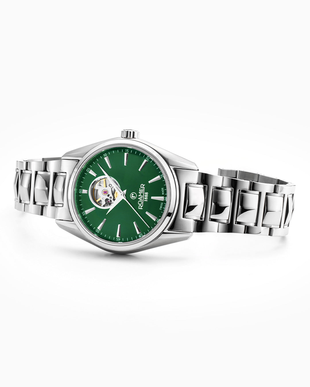 Searock Master 42 mm Automatic Three-Hand Date Green Sunray Dial Silver Bracelet Sapphire antireflection glass  Stainless Steel swiss watch