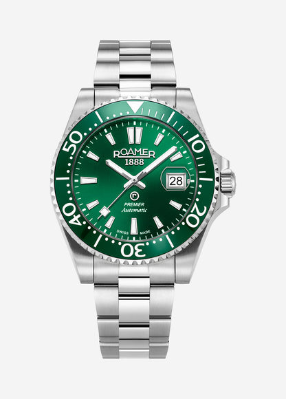 Premier 42 mm Automatic Three-Hand Date Green Sunray Dial Silver Bracelet Sapphire glass Stainless Steel swiss watch
