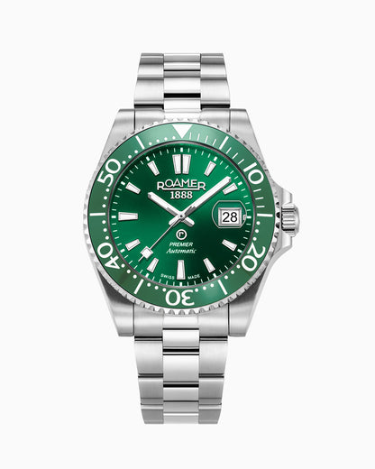 Premier 42 mm Automatic Three-Hand Date Green Sunray Dial Silver Bracelet Sapphire glass Stainless Steel swiss watch