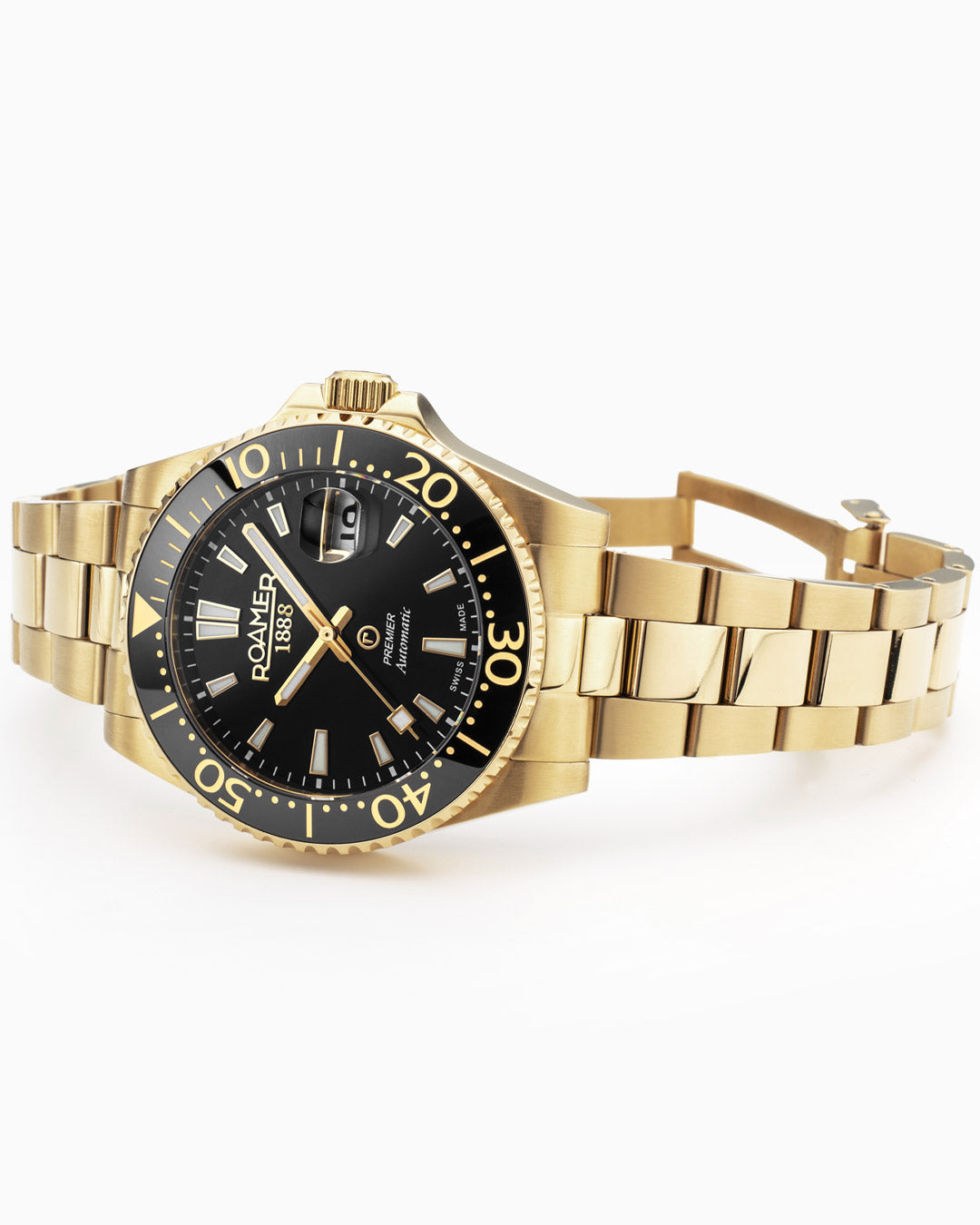 ROAMER ローマーオーバホール済 手巻き機械式 黒 金 SWISS MADE Premier 42 mm Automatic Three-Hand Date Black Dial Gold Bracelet