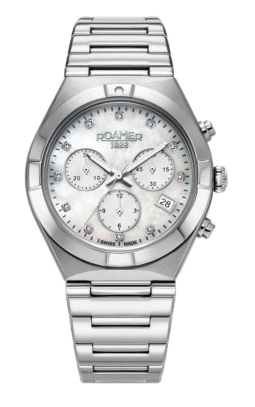 Eos Ladies Chrono 38mm Quartz Chronograph Date Silver Bracelet Sapphire glass Stainless Steel swiss watch