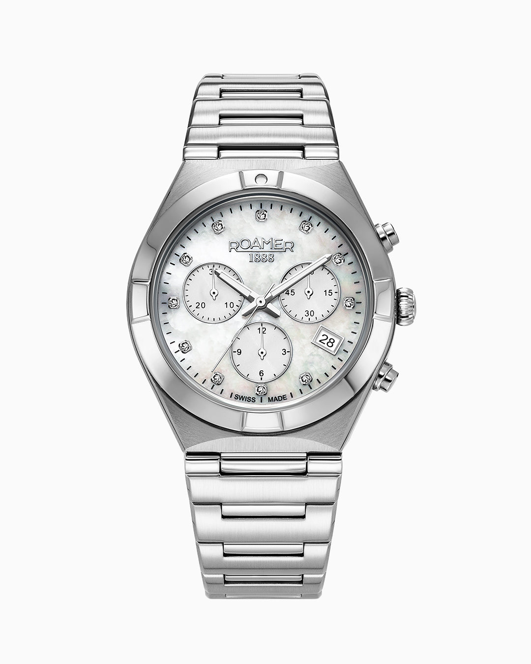 Eos Ladies Chrono 38mm Quartz Chronograph Date White Mop Dial Silver Bracelet Sapphire glass Stainless Steel swiss watch