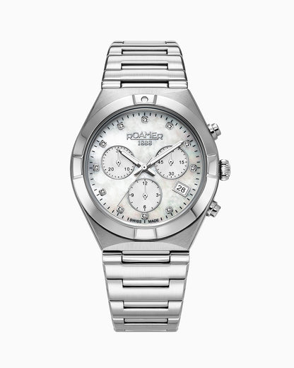 Eos Ladies Chrono 38mm Quartz Chronograph Date White Mop Dial Silver Bracelet Sapphire glass Stainless Steel swiss watch