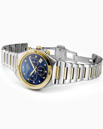 Eos Ladies Chrono 38mm Quartz Chronograph Date Blue Mop Dial Two-Tone Bracelet Sapphire glass Stainless Steel swiss watch
