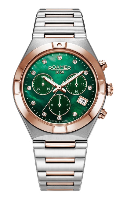 Eos Ladies Chrono 38mm Quartz Chronograph Date Green Mop Dial Two-Tone Bracelet Sapphire glass Stainless Steel swiss watch