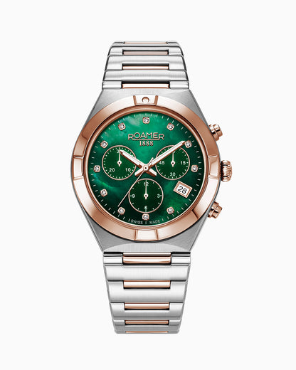 Eos Ladies Chrono 38mm Quartz Chronograph Date Green Mop Dial Two-Tone Bracelet Sapphire glass Stainless Steel swiss watch