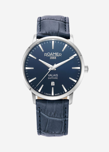Valais Gents Interchangeable Box Set 42mm Quartz Three-Hand Date Blue Leather Strap Sapphire glass Stainless Steel swiss watch