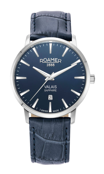 Valais Gents Interchangeable Box Set 42mm Quartz Three-Hand Date Blue Leather Strap Sapphire glass Stainless Steel swiss watch