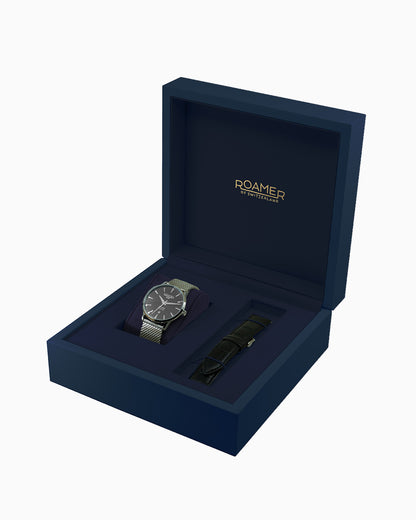 Valais Gents Interchangeable Box Set 42mm Quartz Three-Hand Date Black Leather Strap Sapphire glass Stainless Steel swiss watch