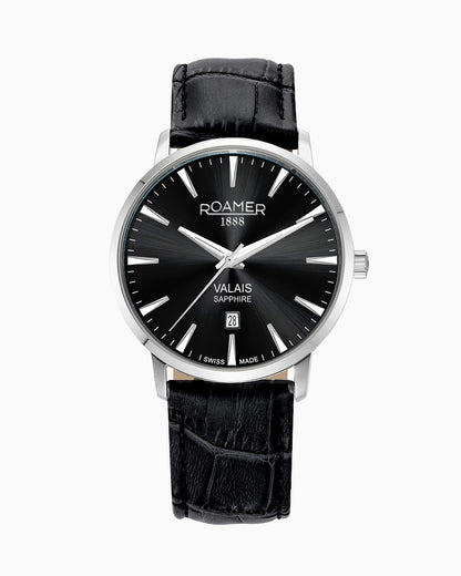Valais Gents Interchangeable Box Set 42mm Quartz Three-Hand Date Black Leather Strap Sapphire glass Stainless Steel swiss watch