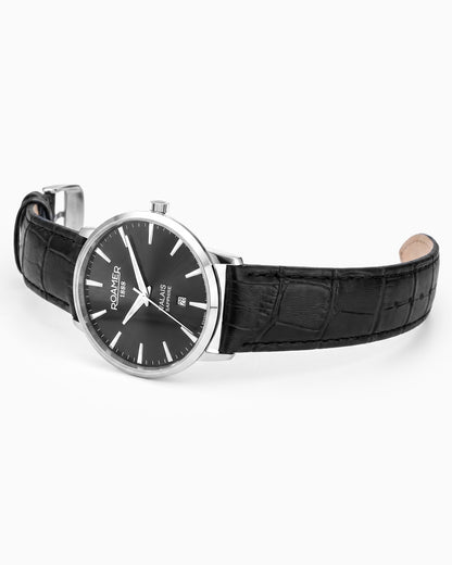 Valais Gents Interchangeable Box Set 42mm Quartz Three-Hand Date Black Leather Strap Sapphire glass Stainless Steel swiss watch