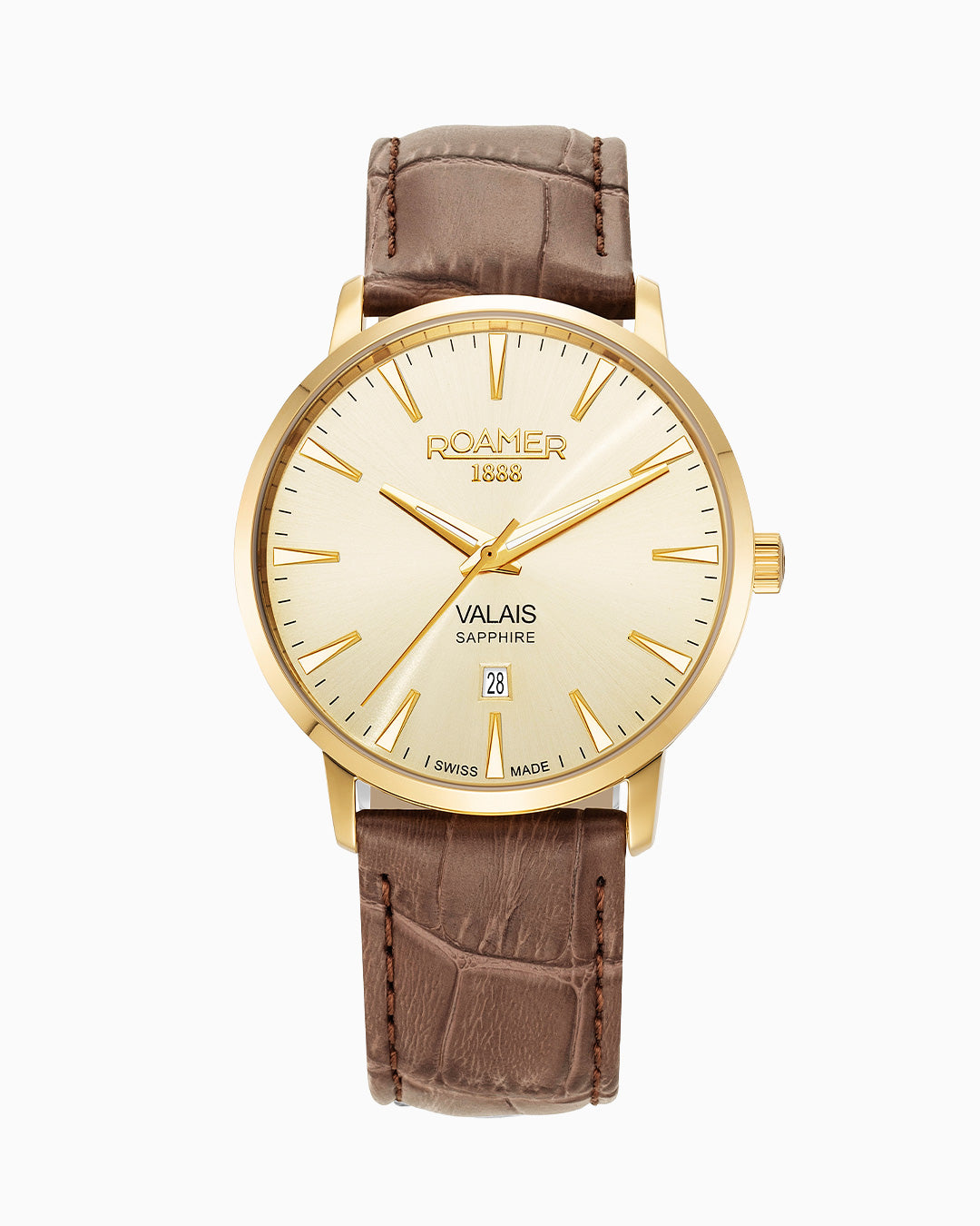 Valais Gents Interchangeable Box Set 42mm Quartz Three-Hand Date Champagne Dial  Brown Leather Strap and Milanaise Gold Bracelet Tone Sapphire glass Stainless Steel swiss watch