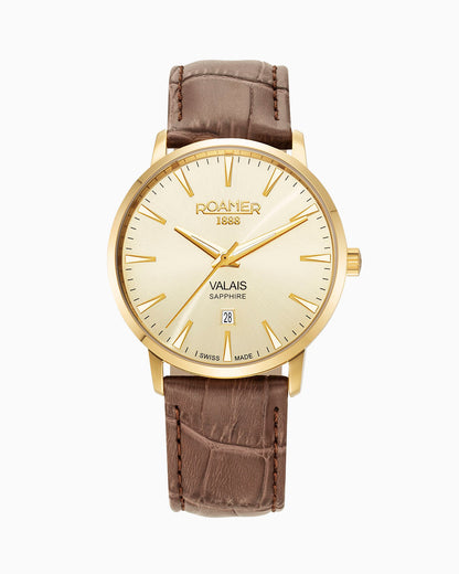 Valais Gents Interchangeable Box Set 42mm Quartz Three-Hand Date Brown Leather Strap Sapphire glass Stainless Steel swiss watch