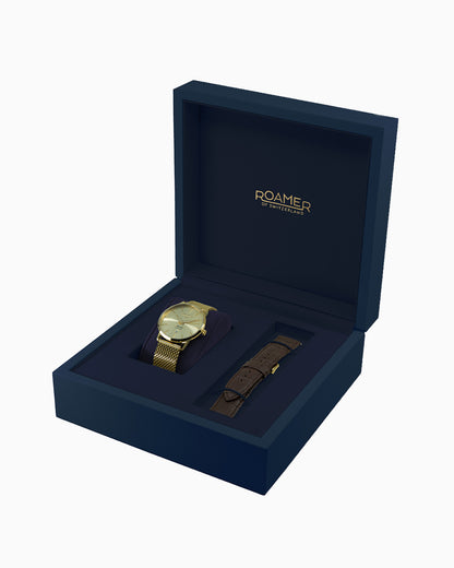 Valais Gents Interchangeable Box Set 42mm Quartz Three-Hand Date Champagne Dial  Brown Leather Strap and Milanaise Gold Bracelet Tone Sapphire glass Stainless Steel swiss watch