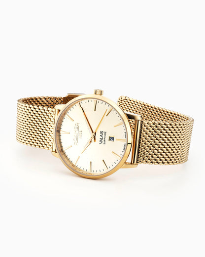 Valais Gents Interchangeable Box Set 42mm Quartz Three-Hand Date Champagne Dial  Brown Leather Strap and Milanaise Gold Bracelet Tone Sapphire glass Stainless Steel swiss watch