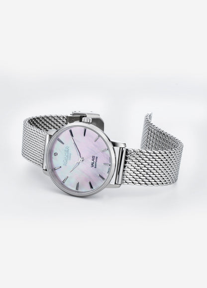 Valais Ladies Interchangeable Box Set 32mm Quartz Three-Hand Date Rose Mop Dial Black Leather Strap Sapphire glass Stainless Steel swiss watch
