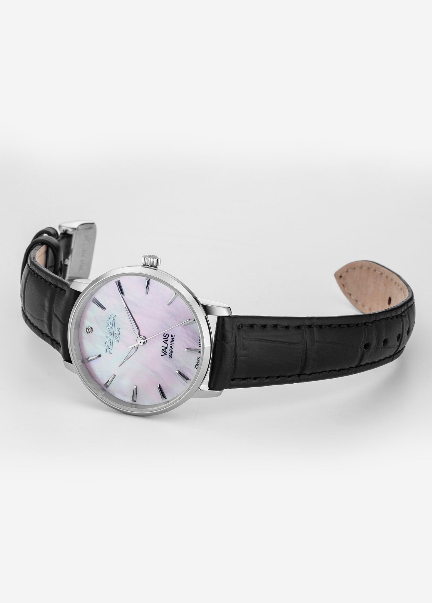 Valais Ladies Interchangeable Box Set 32mm Quartz Three-Hand Date Rose Mop Dial Black Leather Strap Sapphire glass Stainless Steel swiss watch